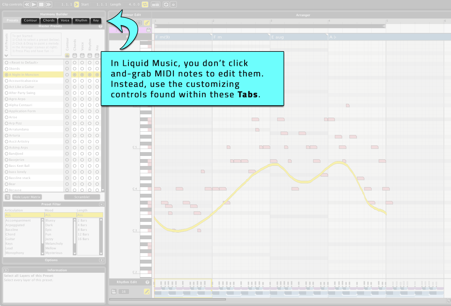 In Liquid Music, you don't click-and-grab MIDI notes to edit them. Instead, use the customizing controls found within these Tabs.
